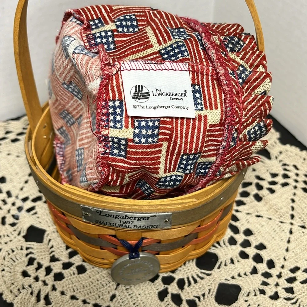 RARE 1997 yr Longaberger Inaugural Basket, Patriotic Liner, Protector & Tie-On